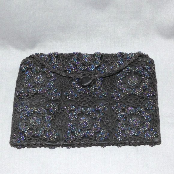 Vintage Black Beaded Evening Bag Clutch Purse One of a Kind - Picture 1 of 6